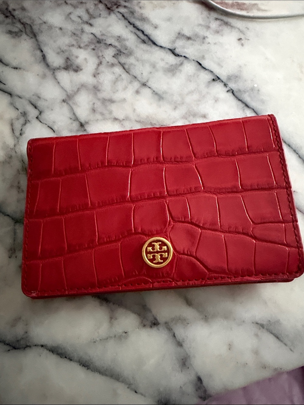 Tory Burch Red Croc-Embossed Leather Card Wallet with Gold Logo